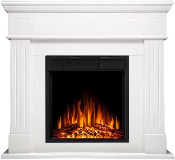 R.W.FLAME Electric Fireplace Mantel Wooden Surround Firebox, Freestanding Fireplace, Home Space Heather, Adjustable Led Flame, Remote Control,750W/1500W,Ivory White