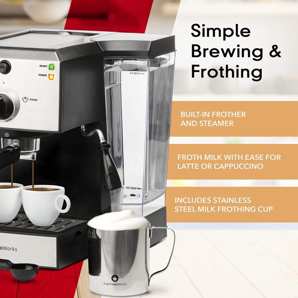 Espresso Machine & Cappuccino Maker with Milk Steamer- 7 pc All-In-One Barista Bundle Set w/ Built-In Milk Frother (Inc: Coffee Bean Grinder, Milk Frothing Cup, Spoon/Tamper & 2 Cups), Silver - immagine 3