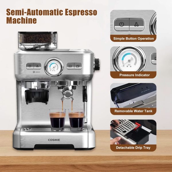 Espresso Machine with Grinder, Semi Automatic Espresso Machine with Steamer Milk Frother, COSIKIE All in One Espresso Coffee Machines 20 Bar, Home Barista Cappuccino Coffee Maker, Gifts for Her or Him - immagine 5