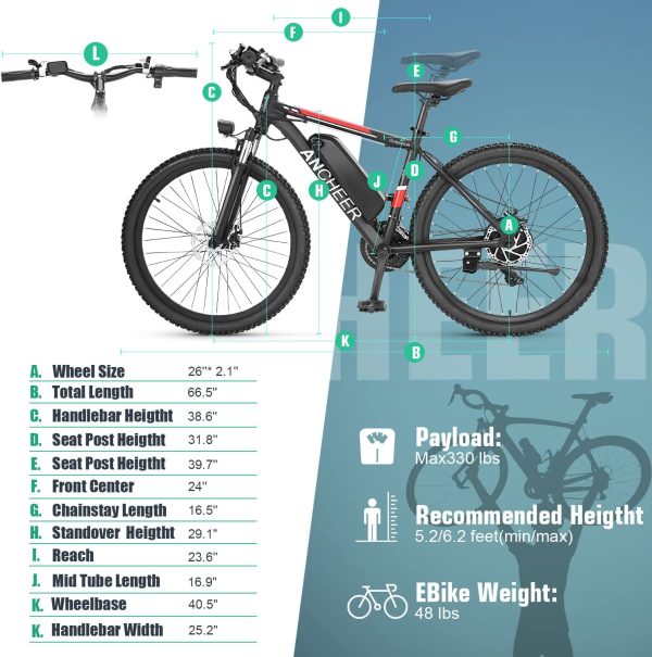 ANCHEER Classic Max Electric Bike for Adults 26'' E-Bikes with 500W Motor, 20MPH 12.5Ah/48V 10.4Ah Removable Battery Electric Bicycle, Shimano 21-Speed Gears Mountain Bicycle - immagine 4