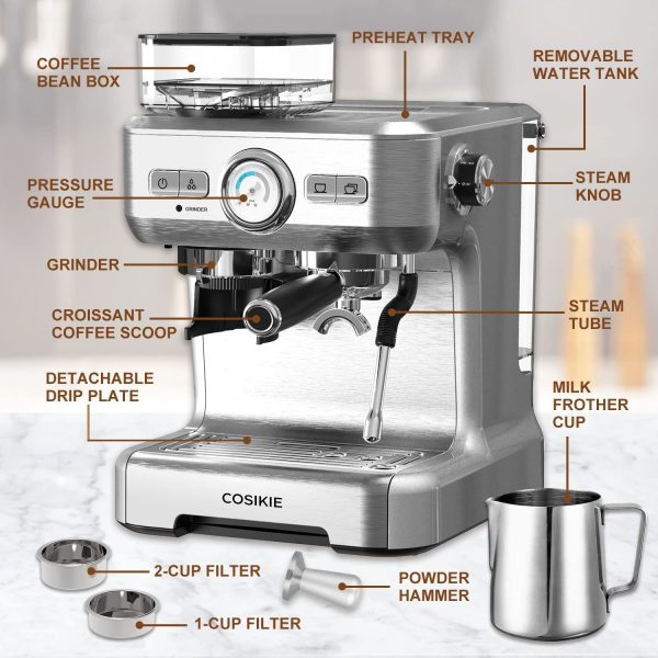 Espresso Machine with Grinder, Semi Automatic Espresso Machine with Steamer Milk Frother, COSIKIE All in One Espresso Coffee Machines 20 Bar, Home Barista Cappuccino Coffee Maker, Gifts for Her or Him - immagine 6