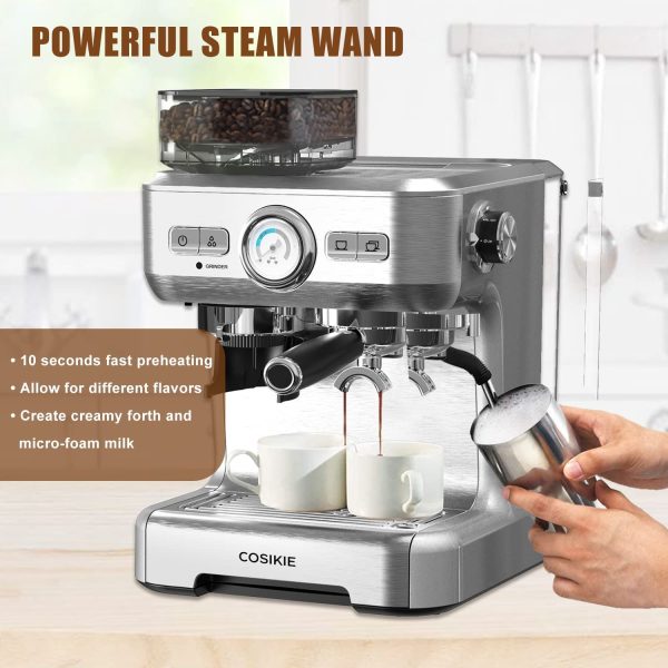 Espresso Machine with Grinder, Semi Automatic Espresso Machine with Steamer Milk Frother, COSIKIE All in One Espresso Coffee Machines 20 Bar, Home Barista Cappuccino Coffee Maker, Gifts for Her or Him - immagine 3