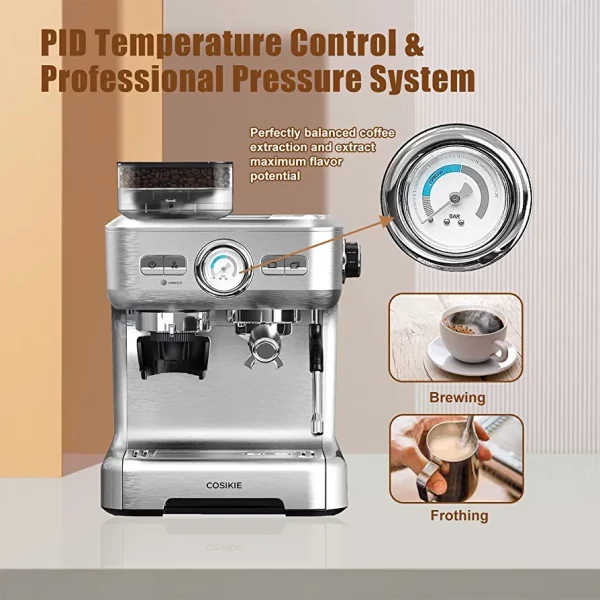 Espresso Machine with Grinder, Semi Automatic Espresso Machine with Steamer Milk Frother, COSIKIE All in One Espresso Coffee Machines 20 Bar, Home Barista Cappuccino Coffee Maker, Gifts for Her or Him - immagine 4