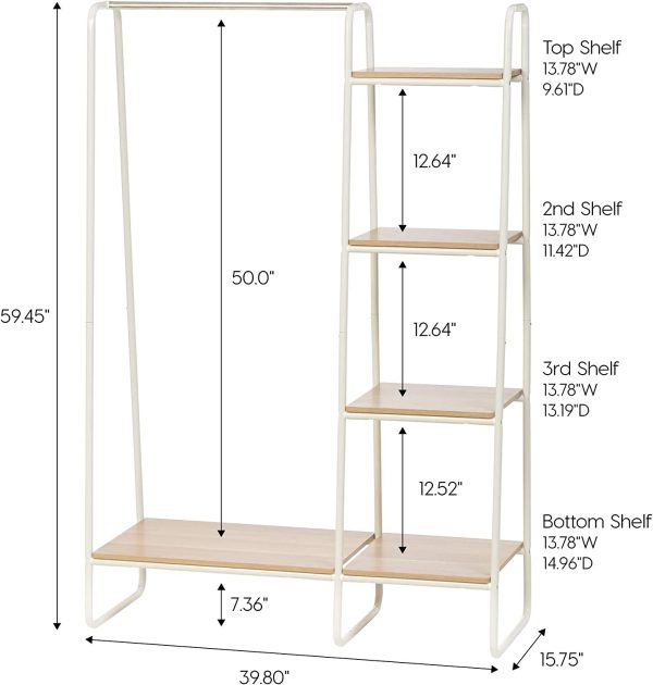 Clothing Rack, Clothes Rack with 3 Wood Shelves, Freestanding Clothing Rack, Easy to Assemble Garment Rack, Standing Metal Sturdy Clothing Rack, Small Space Storage Solution, White - immagine 6