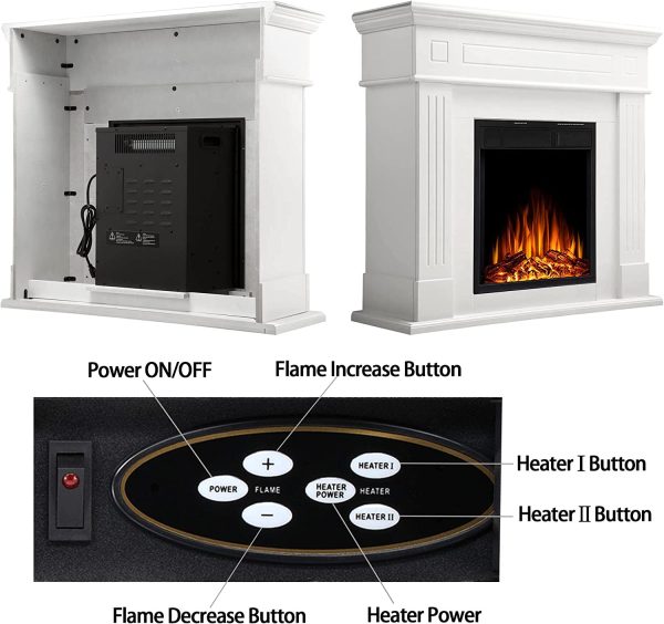 R.W.FLAME Electric Fireplace Mantel Wooden Surround Firebox, Freestanding Fireplace, Home Space Heather, Adjustable Led Flame, Remote Control,750W/1500W,Ivory White - immagine 2