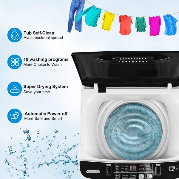 Nictemaw Portable Washing Machine, 17.6Lbs Capacity Portable Washer with Drain Pump, 10 Wash Programs/LED Display/8 Water Levels/Faucet Adapter, 1.9 Cu.ft Full-automatic Compact Laundry Washer for Apartment, Dorm, Rvs - immagine 4