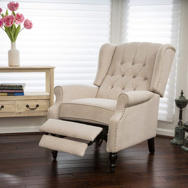 CHRISTOPHER KNIGHT HOME GDF Studio Elizabeth Tufted Fabric Recliner, Vintage Reclining Reading Armchair, Light Beige - immagine 4