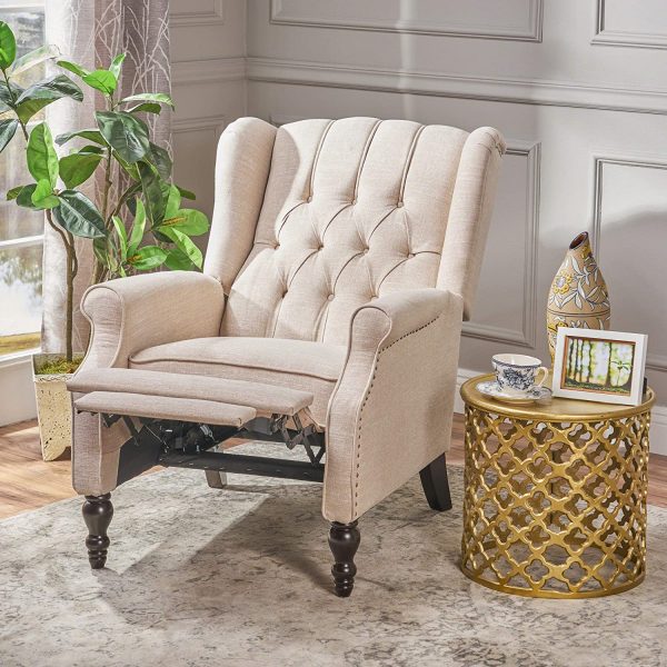 CHRISTOPHER KNIGHT HOME GDF Studio Elizabeth Tufted Fabric Recliner, Vintage Reclining Reading Armchair, Light Beige - immagine 3