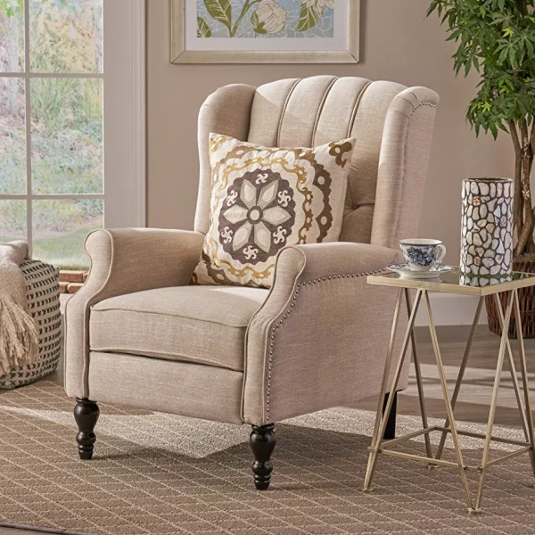 CHRISTOPHER KNIGHT HOME GDF Studio Elizabeth Tufted Fabric Recliner, Vintage Reclining Reading Armchair, Light Beige - immagine 2