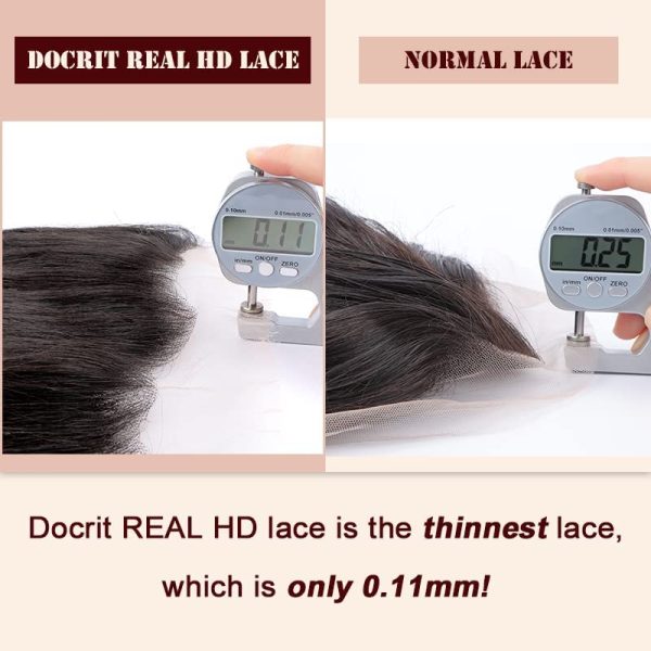 Docrit Clear 5x5 HD Lace Closure, Bleached Knots Hd Closure Undetectable Transparent Lace Closure Human Hair 0.11 mm Thin 5x5 Closure Pre Plucked Lace Closure Invisible Knots Straight Closure 14 Inch - immagine 5