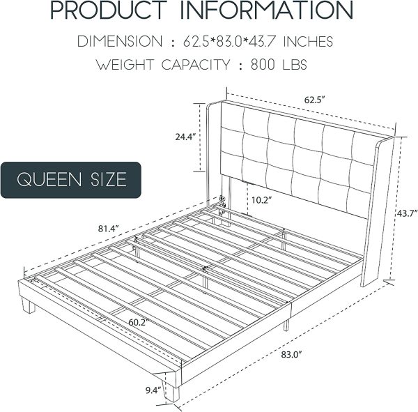 Einfach Queen Upholstered Wingback Platform Bed Frame with Headboard/Mattress Foundation with Wood Slat Support and Square Stitched Headboard/No Box Spring Needed/Easy Assembly, Dark Grey - immagine 3