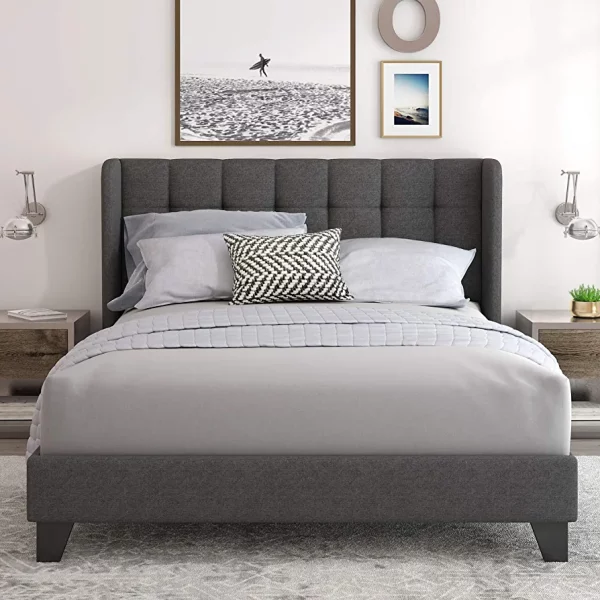 Einfach Queen Upholstered Wingback Platform Bed Frame with Headboard/Mattress Foundation with Wood Slat Support and Square Stitched Headboard/No Box Spring Needed/Easy Assembly, Dark Grey - immagine 4