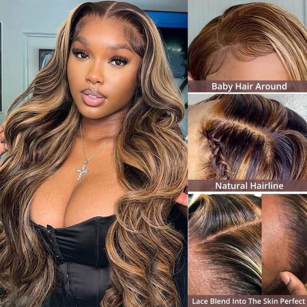 UNICE 13x4 Body Wave Honey Blonde Highlight Lace Front Wigs Human Hair for Women ,10A Brazilian Wigs Human Hair Lace Front Wig Pre Plucked with Baby Hair Colored Wig TL412 150% Density 20Inch - immagine 7