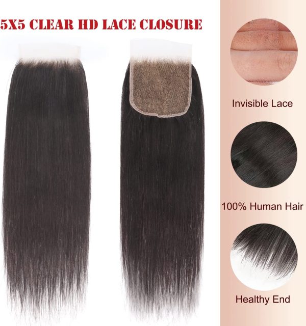 Docrit Clear 5x5 HD Lace Closure, Bleached Knots Hd Closure Undetectable Transparent Lace Closure Human Hair 0.11 mm Thin 5x5 Closure Pre Plucked Lace Closure Invisible Knots Straight Closure 14 Inch - immagine 4