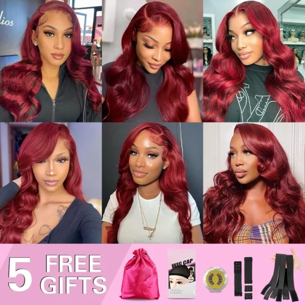 Burgundy Lace Front Wigs Human Hair 16 Inch 99j Body Wave 13x4 Lace Front Human Hair Short Wigs for Women 150% Density Wine Red Glueless Lace Frontal Wigs Pre Plucked Bleached Knots with Baby Hair (16 Inch with 5 Free Gifts) - immagine 6