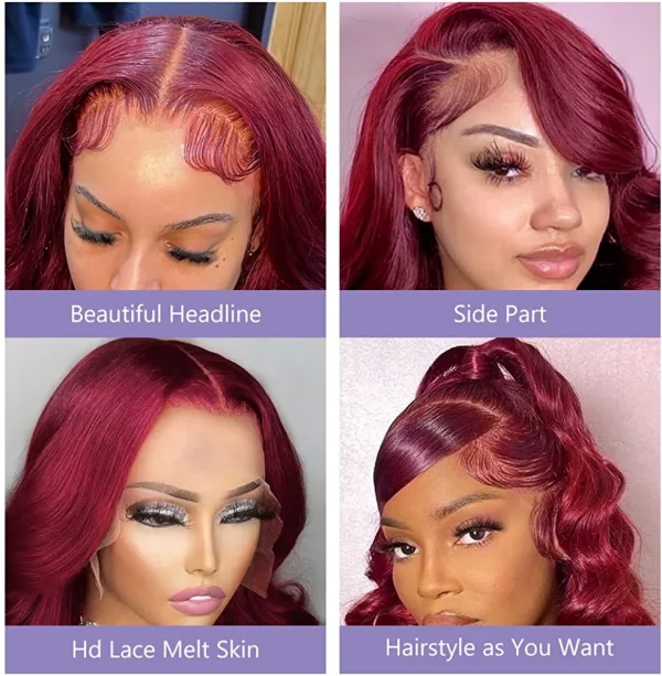 Burgundy Lace Front Wigs Human Hair 16 Inch 99j Body Wave 13x4 Lace Front Human Hair Short Wigs for Women 150% Density Wine Red Glueless Lace Frontal Wigs Pre Plucked Bleached Knots with Baby Hair (16 Inch with 5 Free Gifts) - immagine 5