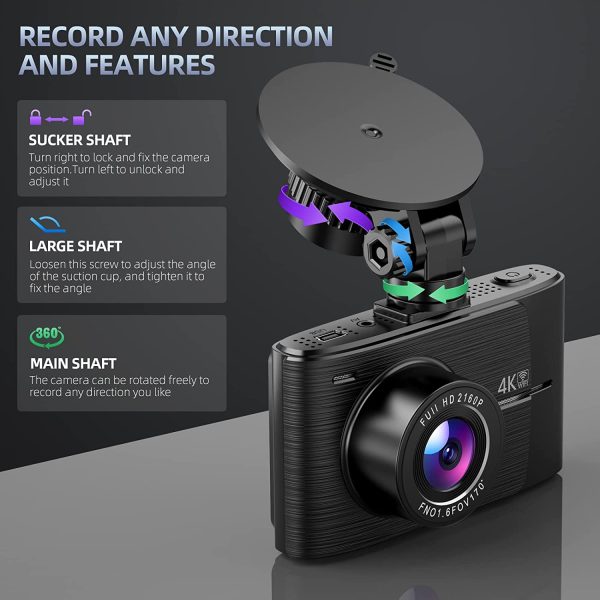 4K Dash Cam with WiFi GPS Front and Rear Dash Camera for Cars 2160P Car Camera with 3 Inch IPS Screen, 170°Wide Angle, Night Vision, WDR, Loop Recording, G-Sensor, Parking Monitor, Free 64GB Card - immagine 4