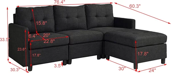 BEEY Reversible Sectional Sofa Set 75" L-Shaped Sofa for Living Room 3-Seater Sectional Corner Couch for Small Apartment,Dark Grey - immagine 3