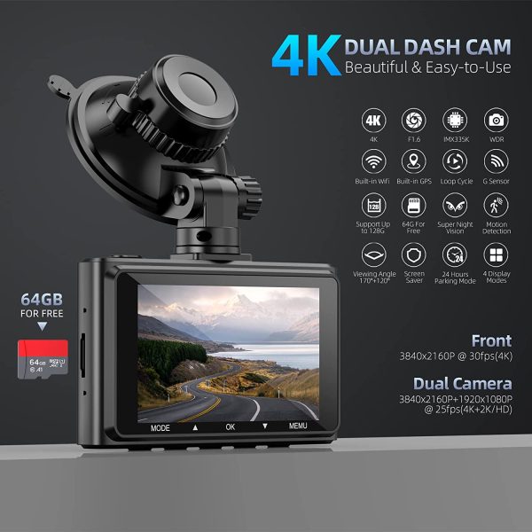 4K Dash Cam with WiFi GPS Front and Rear Dash Camera for Cars 2160P Car Camera with 3 Inch IPS Screen, 170°Wide Angle, Night Vision, WDR, Loop Recording, G-Sensor, Parking Monitor, Free 64GB Card - immagine 3