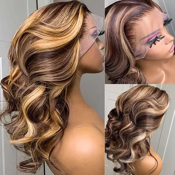 360 Highlight Ombre Lace Front Wigs Human Hair Pre Plucked Honey Blonde Body Wave Lace Front Wigs with Baby Hair Full 360 Glueless HD Transparent Lace Front Human Hair Wigs for Black women 4/27 Colored Human Hair Wig 150 Density （20 Inch，Highlight Lace Front Wigs Human Hair） - immagine 2