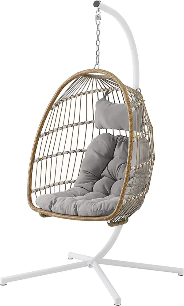 Walker Edison Carmel Modern Rattan Hanging Egg Swing Chair with Stand, 78 Inch, Brown and Grey - immagine 7