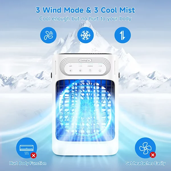 Portable Air Conditioners, TIOKVIOP Evaporative Air Cooler [Upgraded 10W & 3 Cool Mist] 3 in 1, 3 Wind Speed & 7 LED Light, 3 Cool Mist & 2-8H Timer Cold AC, Personal Mini Air Cooling Fan for Room - immagine 4