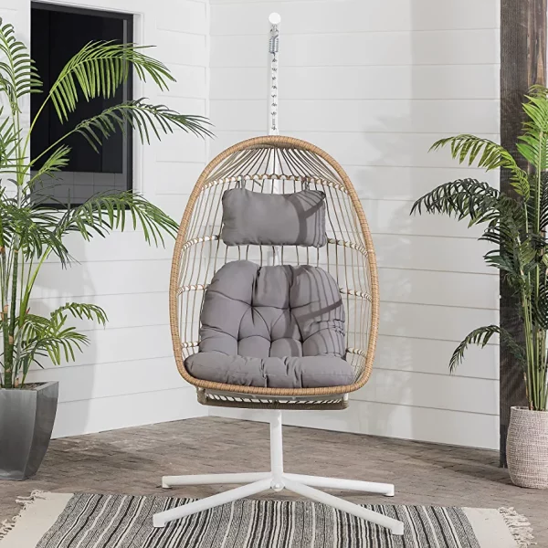 Walker Edison Carmel Modern Rattan Hanging Egg Swing Chair with Stand, 78 Inch, Brown and Grey - immagine 3