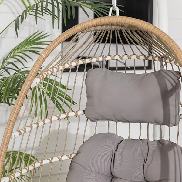 Walker Edison Carmel Modern Rattan Hanging Egg Swing Chair with Stand, 78 Inch, Brown and Grey - immagine 5