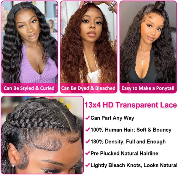 Glueless Water Wave Lace Front Wigs Human Hair Pre Plucked Baby Hair 180 % Density 13x4 HD Transparent Water Wave Frontal Wigs for Black Women Brazilian Virgin Human Hair Water Wave Wigs 26 Inch - immagine 7