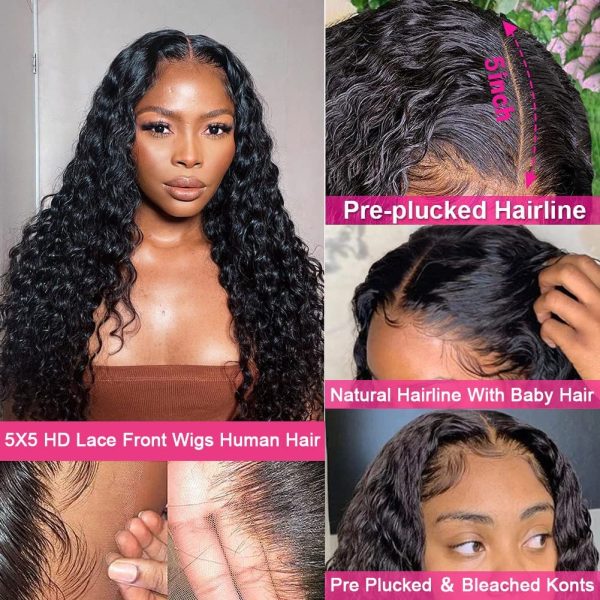 aliluner Deep Wave Lace Front Wigs Human Hair Pre Plucked with Baby Hair 5x5 HD Lace Closure Human Hair Wigs for Black Women 150% Density Natural Color 22 Inch - immagine 3