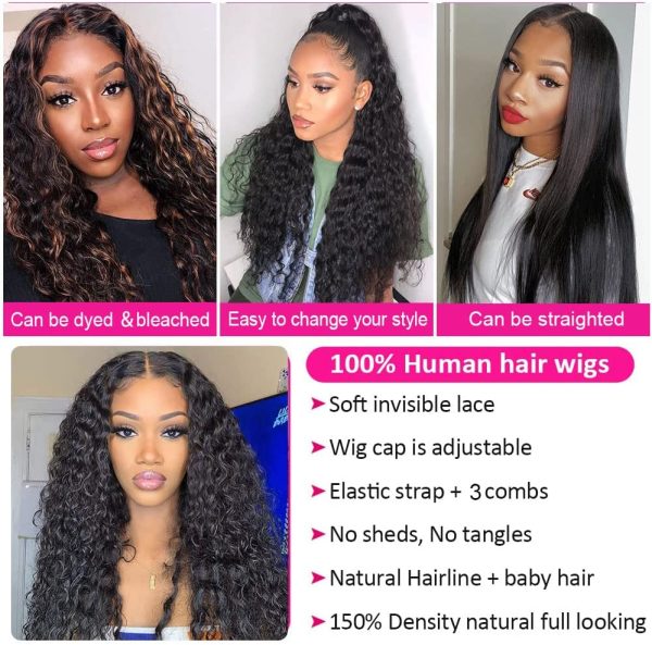 aliluner Deep Wave Lace Front Wigs Human Hair Pre Plucked with Baby Hair 5x5 HD Lace Closure Human Hair Wigs for Black Women 150% Density Natural Color 22 Inch - immagine 5