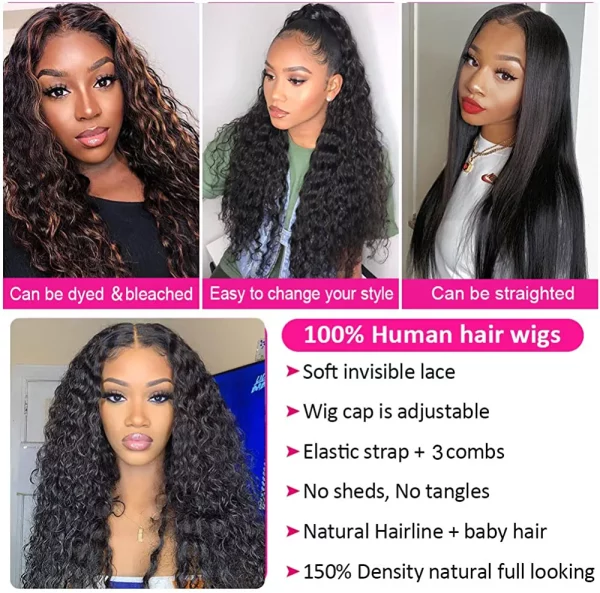 aliluner 30 inch Lace Front Wig Human Hair Deep Wave Pre Plucked Glueless 5x5 HD Lace Closure Human Hair Wigs for Black Women 150% Density Brazilian Curly Wig Natural Black - immagine 5