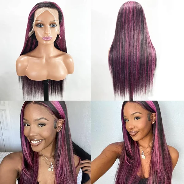 Arabella Highlight Lace Front Wig Human Hair 13x4 Ombre Lace Front Wig Human Hair 210% Density 1B/Purple HD Lace Frontal Wig 10a Blonde Lace Front Wigs Human Hair (20inch, 13x4 1B/Purple wig) - immagine 5