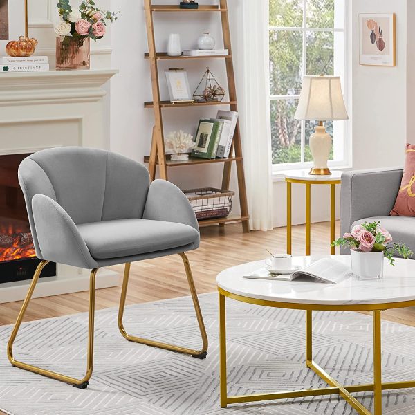 Yaheetech Flower Shape Velvet Armchair, Modern Side Chair Vanity Chair with Golden Metal Legs for Living Room/Dressing Room/Bedroom/Home Office/Kitchen, Gray - immagine 2