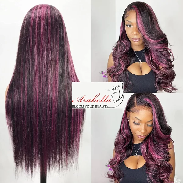 Arabella Highlight Lace Front Wig Human Hair 13x4 Ombre Lace Front Wig Human Hair 210% Density 1B/Purple HD Lace Frontal Wig 10a Blonde Lace Front Wigs Human Hair (20inch, 13x4 1B/Purple wig) - immagine 3