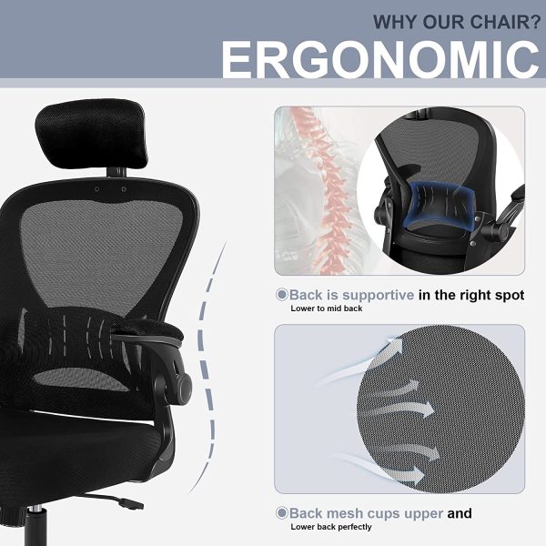 Office Chair Ergonomic Desk Chair Comfort Adjustable Height with Wheels，Lumbar Support Mesh Swivel Computer Home Office Study Task Chair Black - immagine 4