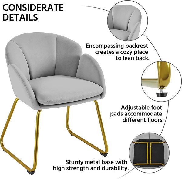 Yaheetech Flower Shape Velvet Armchair, Modern Side Chair Vanity Chair with Golden Metal Legs for Living Room/Dressing Room/Bedroom/Home Office/Kitchen, Gray - immagine 6