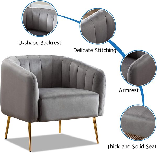 LSSPAID Velvet Accent Chair, Fabric Upholstered Accent Chairs for Living Room, Golden Metal Legs Armchairs, Grey, Set of 1 - immagine 8