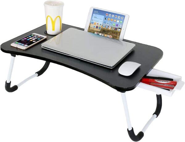 Astory Laptop Desk with Drawer, Portable Laptop Bed Shelf Table Notebook Stand Reading Holder with Foldable Legs & Cup Slot for Couch Floor Kids (Black)