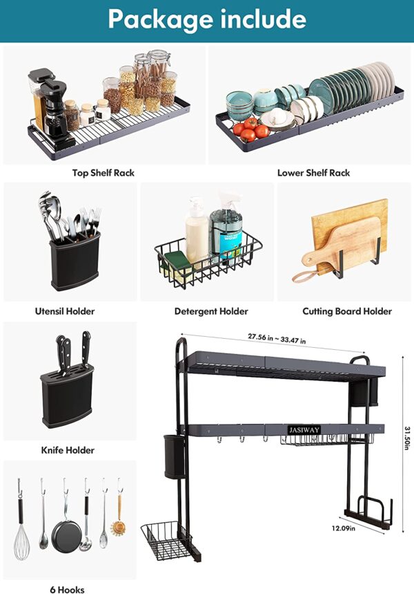 Over Sink Dish Drying Rack, JASIWAY Adjustable 2 Tier Stainless Steel Large Kitchen Dish Drainer(27.5"-33.5"), Expandable Counter Organizer Storage Space Saver Shelf with Utensil Holder and 6 Hooks - immagine 6
