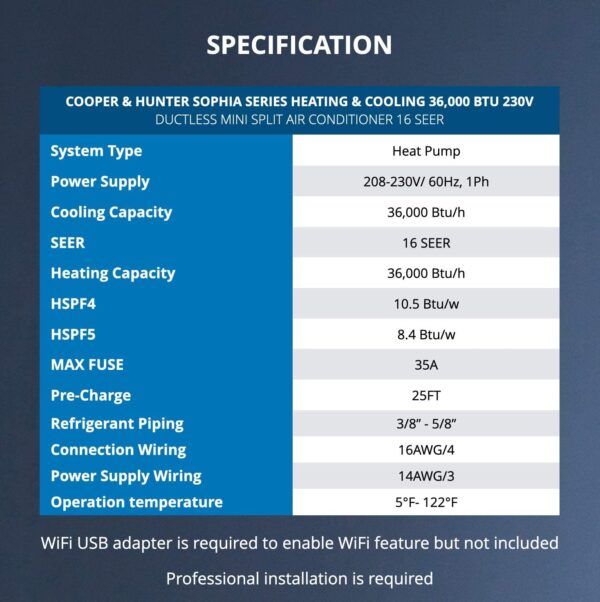 Cooper & Hunter 36,000 BTU Mini Split AC/Heating system Sophia Series 208/230V Heat Pump with 25ft Installation Kit - immagine 3