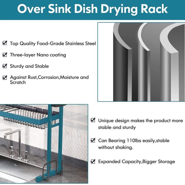 Over Sink Dish Drying Rack, JASIWAY Adjustable 2 Tier Stainless Steel Large Kitchen Dish Drainer(27.5"-33.5"), Expandable Counter Organizer Storage Space Saver Shelf with Utensil Holder and 6 Hooks - immagine 3