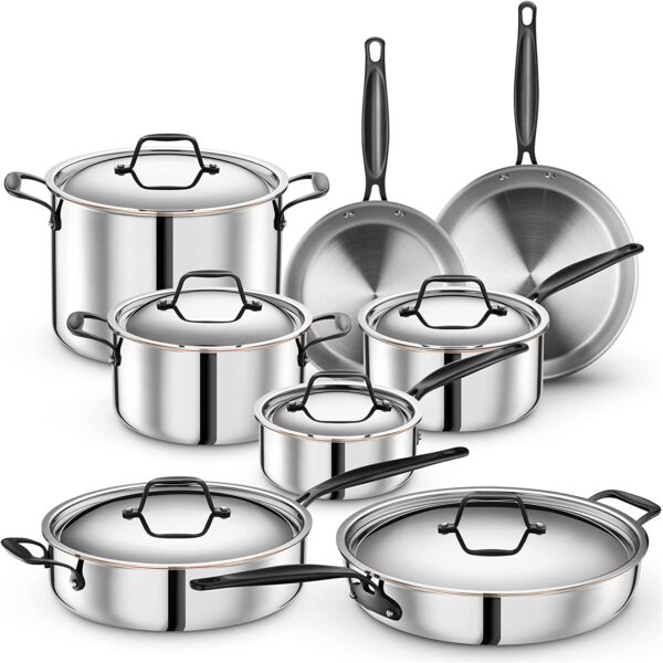 Legend Stainless Steel Cookware Set | 5-Ply Copper Core 14-Piece with Black Handles | Stainless Steel Pots and Pans Set | Professional Clad, All Kitchen Induction & Oven Safe | PFOA, PTFE & PFOS Free