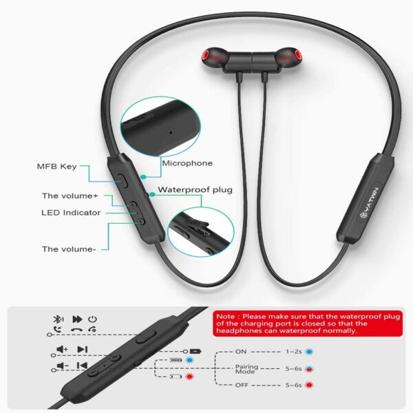 Yatwin Bluetooth In-Ear Headphones - Wireless Magnetic and Neckband Sports Headphones black - immagine 2