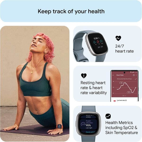 Fitbit Versa 4 Fitness Smartwatch with Daily Readiness, GPS, 24/7 Heart Rate, 40+ Exercise Modes, Sleep Tracking and more, Waterfall Blue/Platinum, One Size (S & L Bands Included) - immagine 3