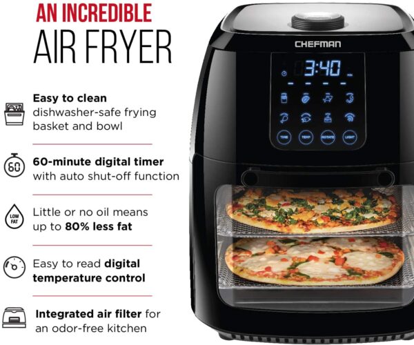 Chefman 6.3 Quart Digital Air Fryer+ Rotisserie, Dehydrator, Convection Oven, 8 Touch Screen Presets Fry, Roast, Dehydrate & Bake, BPA-Free, Auto - immagine 7