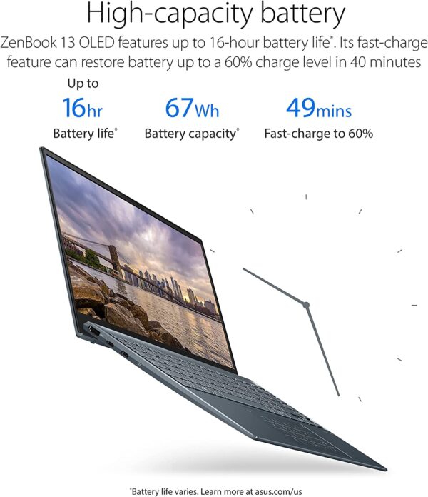 ASUS ZenBook 13 OLED Ultra-Slim Laptop, 13.3” OLED FHD NanoEdge Bezel Display, AMD Ryzen 7 5700U, 8GB LPDDR4X RAM, 512GB PCIe SSD, NumberPad, Wi-Fi 5, Windows 11 Home, Pine Grey, UM325UA-DH71 - immagine 4