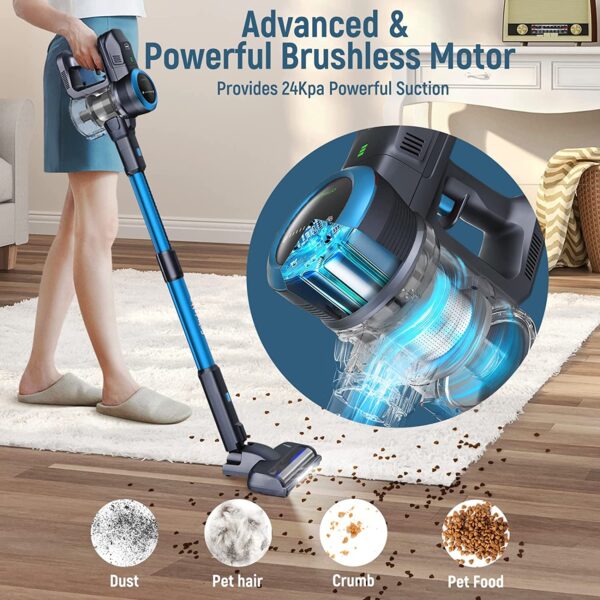 FABULETTA 24 Kpa Cordless Vacuum Cleaner - 6 in 1 Lightweight Stick Vacuum with Powerful Suction 250W Brushless Motor, for Pet Hair Carpet Hard Floor, Max 45 Min Runtime, Led Display, Blue - immagine 2