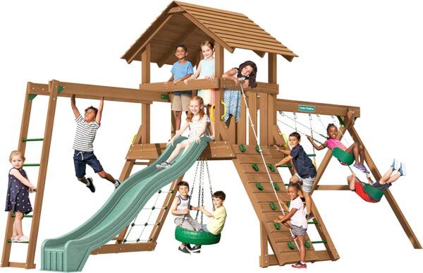 Creative Playthings Northbridge Pack 4 Wooden Swing Set (Made in The USA) for Ages 2 -12 Yrs, with Climbing Wall for Kids, Playground Swings and Slide, Monkey Bars, Tire Swing 22 x 12 x 11ft