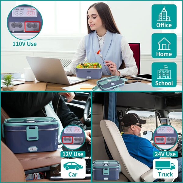 Electric Lunch Box 60W Food Heated 12V 24V 110V Portable Food Warmer Heater for Car/Truck/Home Self Heating Box with 1.8L 304 Stainless Steel Container 0.45L Compartment (Green+Royal blue) - immagine 2